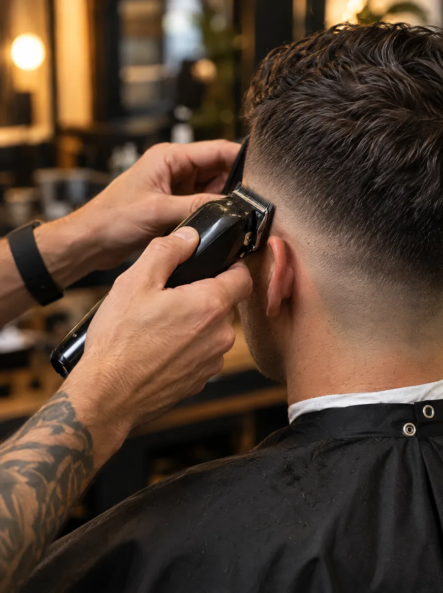 Sfeerbeeld: kapper die met de tondeuse een fade zet